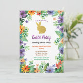 イースターバニーパーティー水色フローラ金ゴールド 招待状 (スタンド正面)