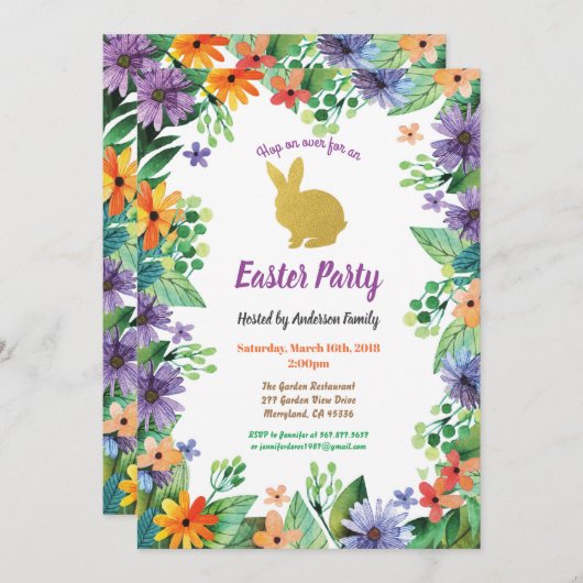 イースターバニーパーティー水色フローラ金ゴールド 招待状 (正面/裏面)