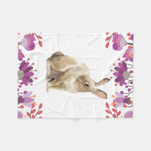 イースターバニーパープルフローラ フリースブランケット (正面(横))