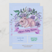 イースターバニーパープル花模様ベビーシャワー招待状 (正面/裏面)