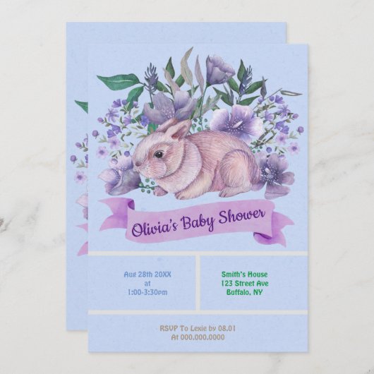 イースターバニーパープル花模様ベビーシャワー招待状 (正面/裏面)