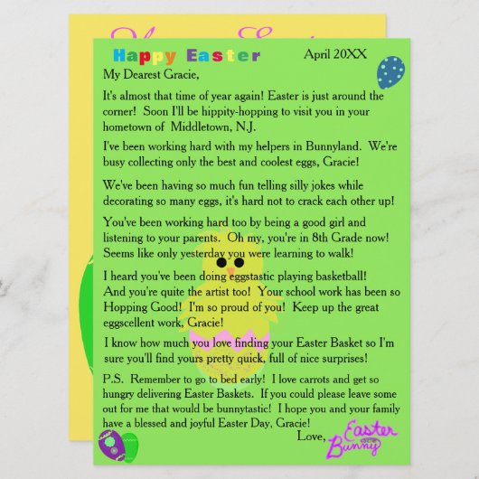 イースターバニーピンクの雛の卵からの手紙 シーズンカード (正面/裏面)