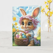 イースターバニーピンクボンネットバスケットエッグ カード (黄色い花)