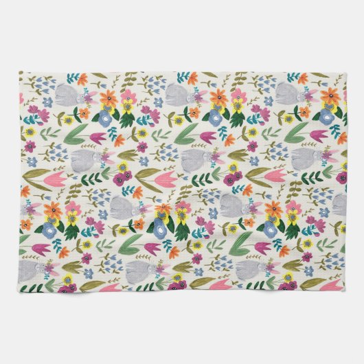 イースターバニーピンク&グリーンかわいい春フローラエプロン キッチンタオル (横)