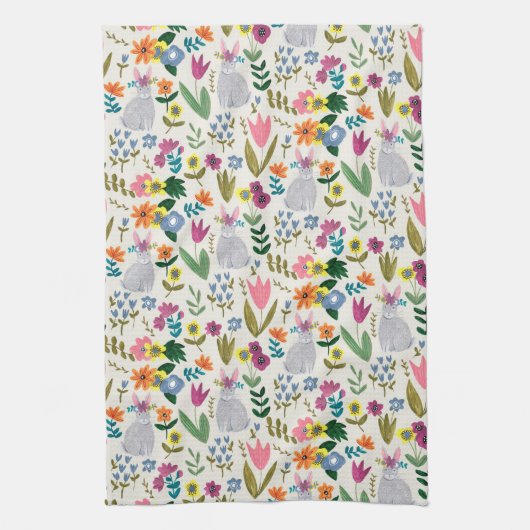 イースターバニーピンク&グリーンかわいい春フローラエプロン キッチンタオル (縦)