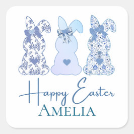 イースターバニーブルーホワイトフローラボウパーソナライズされた スクエアシール