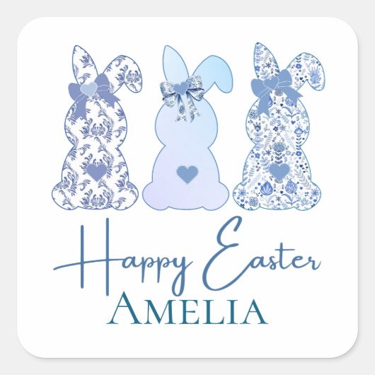 イースターバニーブルーホワイトフローラボウパーソナライズされた スクエアシール (正面)