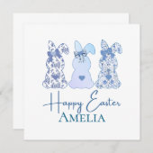 イースターバニーブルーホワイトフローラボウパーソナライズされた 招待状 (正面/裏面)