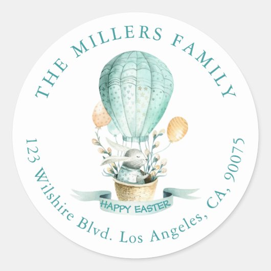 イースターバニーホットバルーン春の花 ラウンドシール (正面)