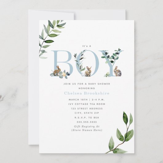 イースターバニーラビットエッググリーンリーボーイ赤ちゃんシャワー 招待状 (正面)