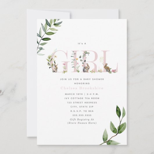イースターバニーラビットエッグフローラガールベイビーシャワー 招待状 (正面)