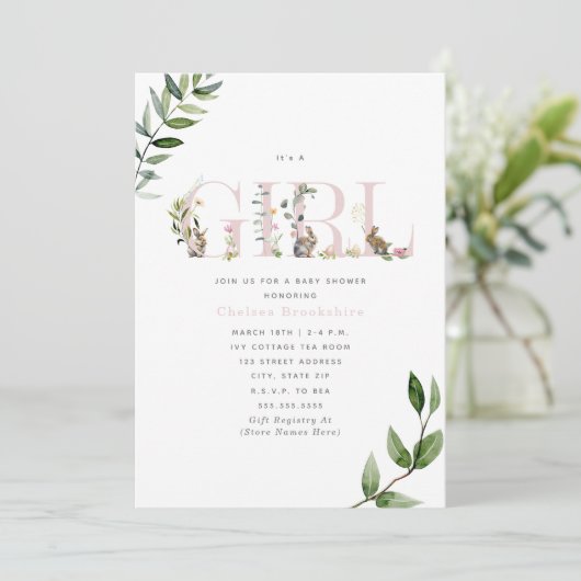 イースターバニーラビットエッグフローラガールベイビーシャワー 招待状 (スタンド正面)