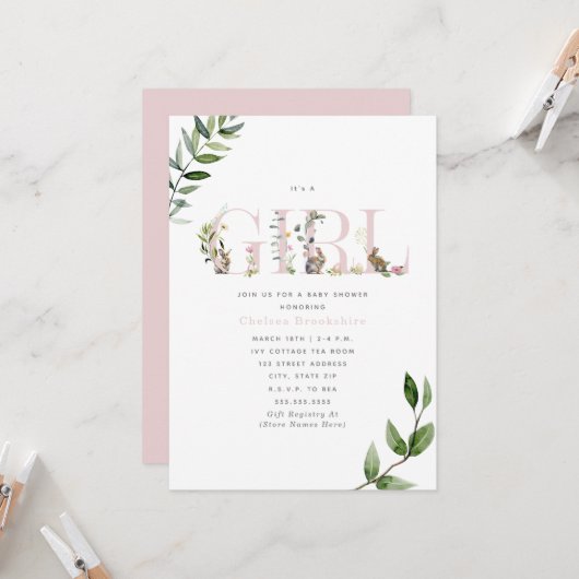 イースターバニーラビットエッグフローラガールベイビーシャワー 招待状 (正面/裏面インサイチュ)