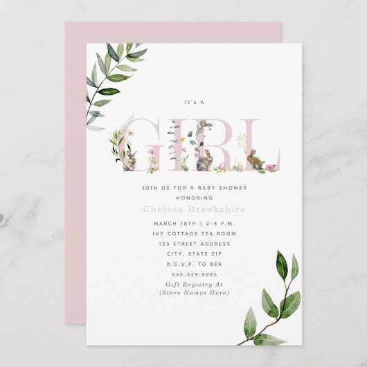 イースターバニーラビットエッグフローラガールベイビーシャワー 招待状 (正面/裏面)