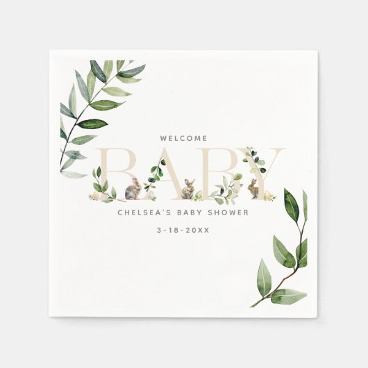 イースターバニーラビットユーカリプトゥスニュートラルベビーシャワー スタンダードカクテルナプキン (正面)