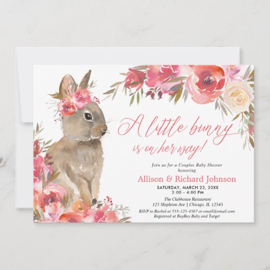 イースターバニー夫婦の赤ちゃんシャワーピンクのフローラ 招待状 (正面)