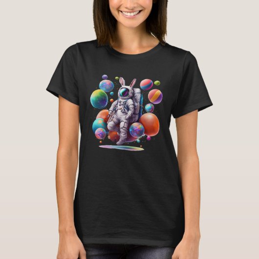 イースターバニー宇宙飛行士と宇宙卵惑星 Tシャツ (正面)