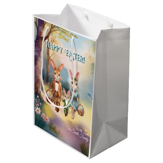 イースターバニー家族が卵を追いかける ミディアムペーパーバッグ (裏面アングル)