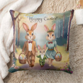 イースターバニー家族が卵を追う – 水色 クッション (ブランケット)