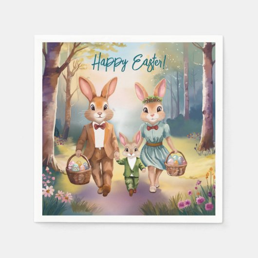 イースターバニー家族が卵を追う – 水色 スタンダードカクテルナプキン (正面)