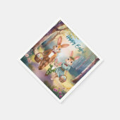 イースターバニー家族が卵を追う – 水色 スタンダードカクテルナプキン (角)