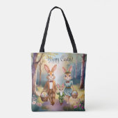 イースターバニー家族が卵を追う – 水色 トートバッグ (裏面)