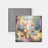 イースターバニー家族が卵を追う – 水色 マグネット (正面/裏面)