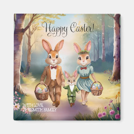 イースターバニー家族が卵を追う – 水色 マグネット