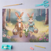イースターバニー家族が卵を追う – 水色 薄葉紙 (クラフト)