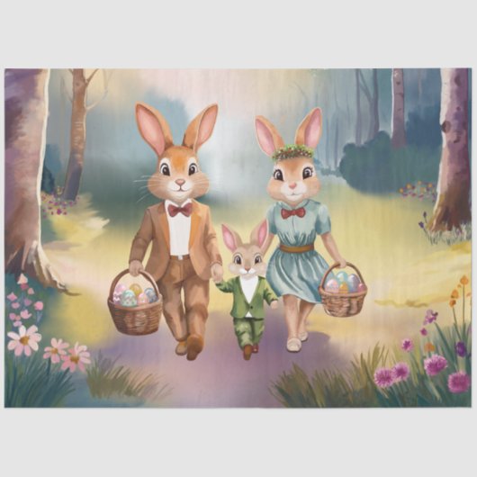 イースターバニー家族が卵を追う – 水色 薄葉紙 (正面)