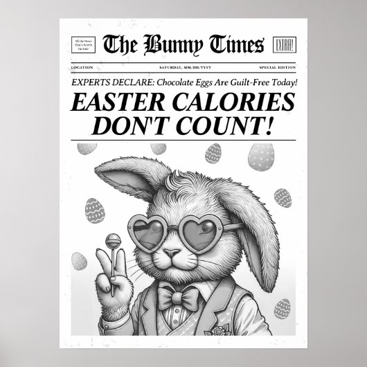 イースターバニー新聞、白黒イースターデコール ポスター (正面)