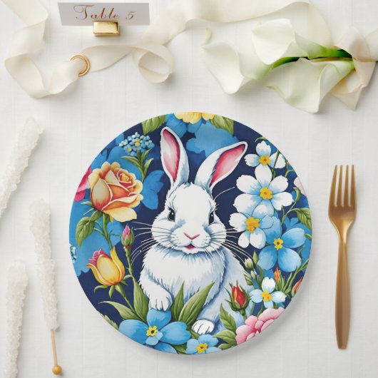 イースターバニー春フローラネイビーブルー ペーパープレート (ウェディング)