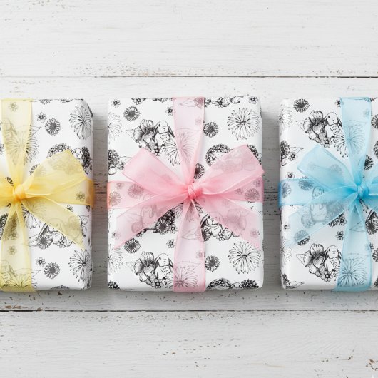 イースターバニー春フローラルパターン ラッピングペーパーシート