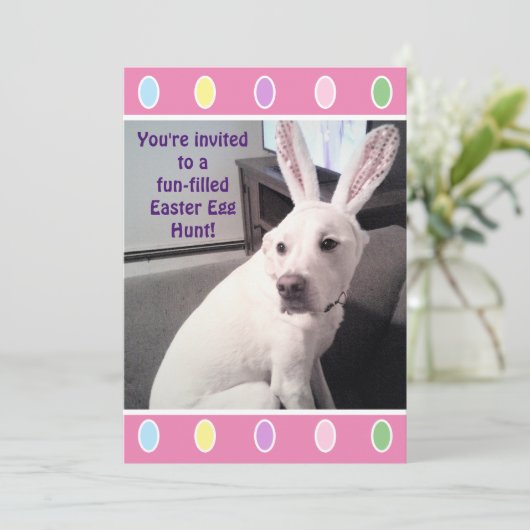 イースターバニー耳の可愛い白い子犬パーティー 招待状 (スタンド正面)
