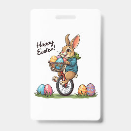 イースターバニー自転車に乗って卵のバスケットを持ったイラスト バッジ
