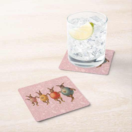 イースターバニー踊り卵 スクエアペーパーコースター (インサイチュ)