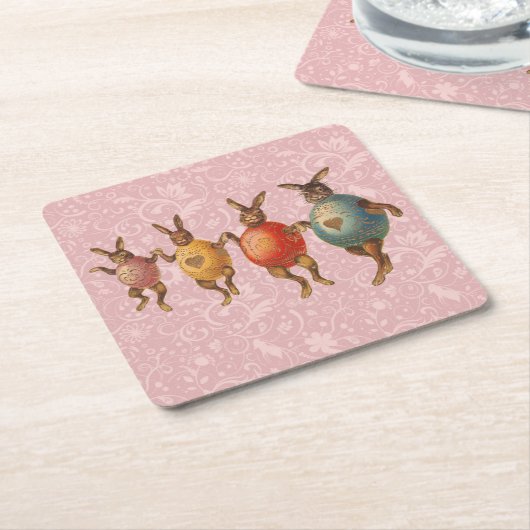 イースターバニー踊り卵 スクエアペーパーコースター (アングル)