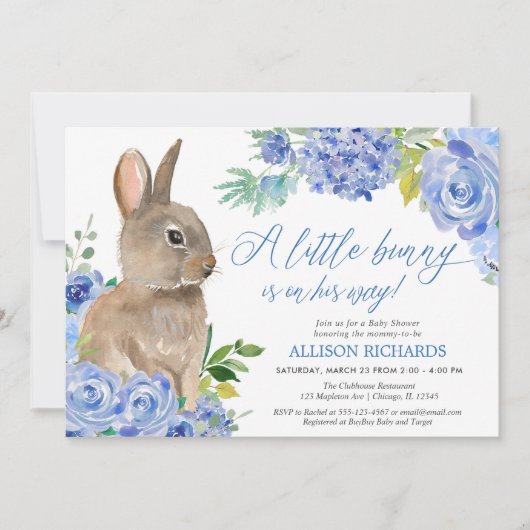 イースターバニー青い白いフローラ男の子のシャワー 招待状 (正面)