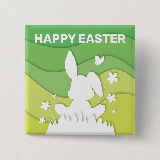 イースターバニー3D紙カットグリーン自然春 缶バッジ (正面)
