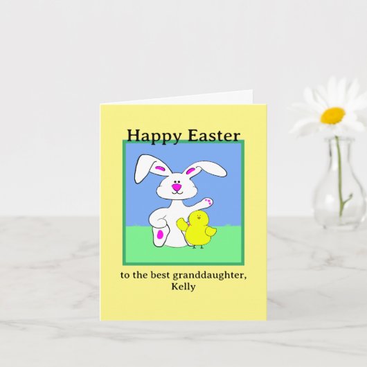 イースターバニー＆ひよこ 折りたたみグリーティングカード カード (小さな植物)