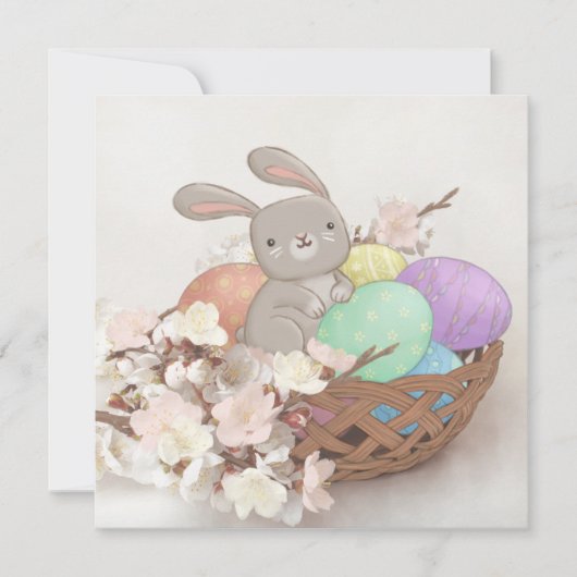 イースターバニー、イースターエッグ&フラワーズイラストレーション 招待状 (正面)