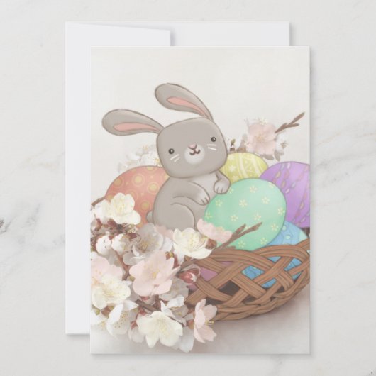イースターバニー、イースターエッグ&フラワーズイラストレーション 招待状 (正面)