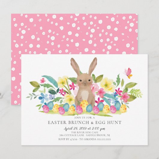 イースターバニー イースター ブランチ & 卵の宝探し 招待状 (正面/裏面)