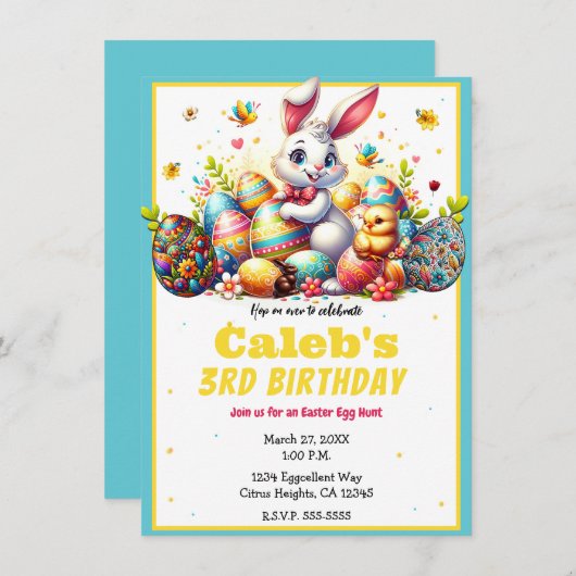イースターバニー&エッグスバースデーパーティー 招待状 (正面/裏面)