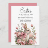 イースターバニー ピンクの蝶ネクタイ イースター ブランチ 卵の宝探し 招待状 (正面/裏面)