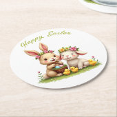 イースターバニー&ラム | 春の花&チックキュート ラウンドペーパーコースター (アングル)