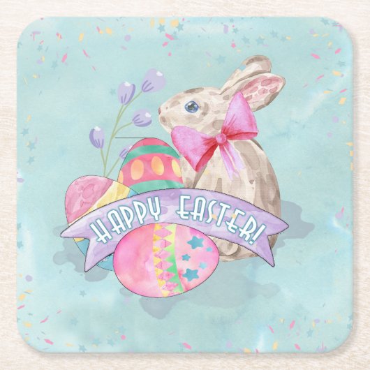 イースターバニー、卵と紙吹雪ID377 スクエアペーパーコースター (正面)