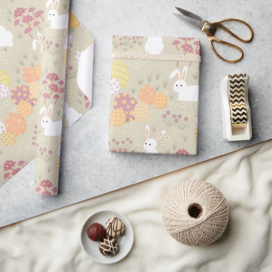 イースターバニー、卵と花パステルカラー ラッピングペーパー (クラフト)