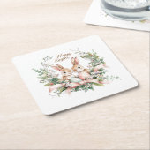 イースターバニー、卵、リース スクエアペーパーコースター (アングル)