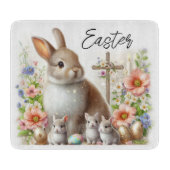 イースターバニー、卵、花と十字架 カッティングボード (正面)